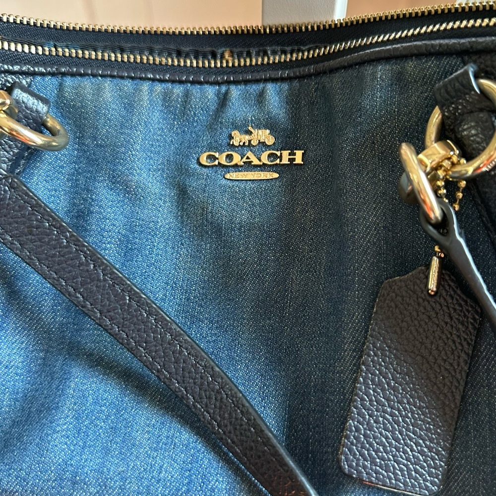 Coach Elise Denim And Leather Blocked Satchel Gem